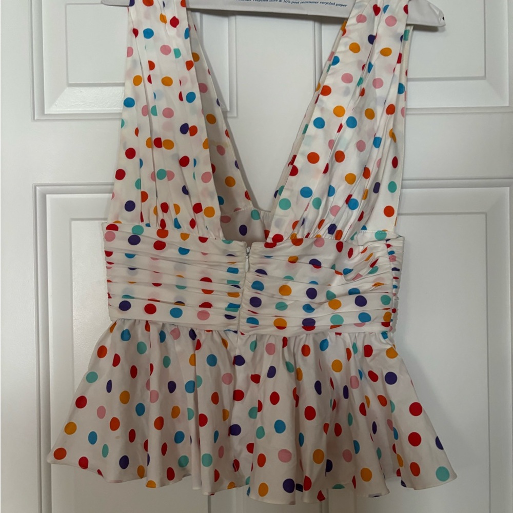 Caroline Constas White Multicolor Polka Dot Peplum Camisole